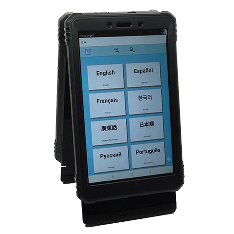 ILA Pro Device. Showing guest side with language selection